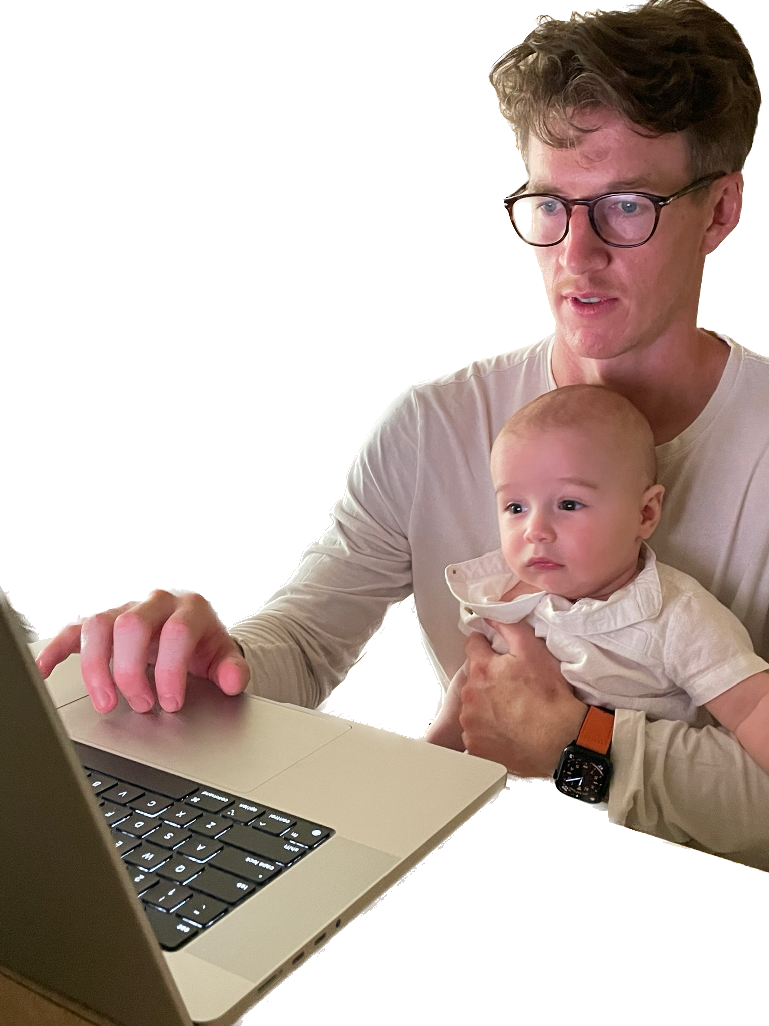 Father and son working at laptop